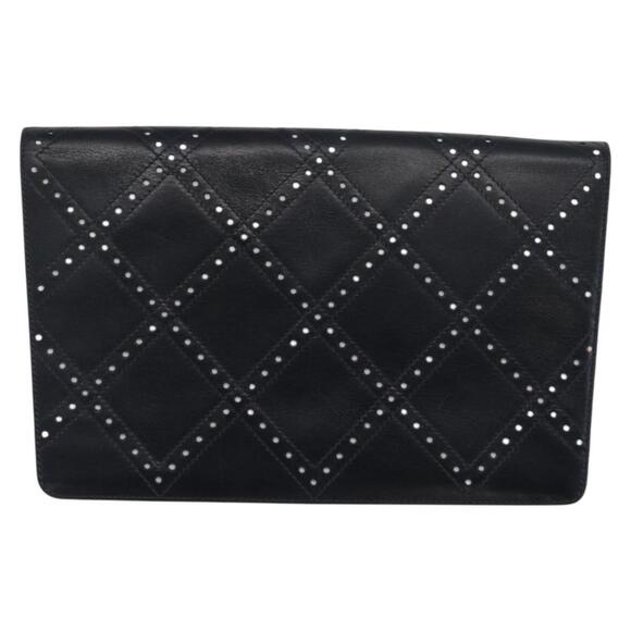 Salvatore Ferragamo Clutch Bag Leather Navy White gold Auth bs31766